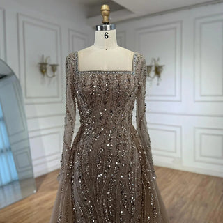 2025 Arabic Caramel Beaded Mermaid Evening Gown with Overskirt – Luxury Formal Dress for Women