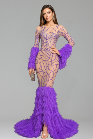 Feather Cuff Mermaid Evening Gown