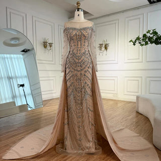 Ships in 2 to 5 Days -Luxury Beaded Off-Shoulder Evening Gown – Long Sleeve Formal Dress with Elegant Train