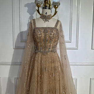 2025 Arabic Nude A-Line Cape Sleeve Crystal Beaded Saudi Evening Dresses Gowns for Formal Occasions