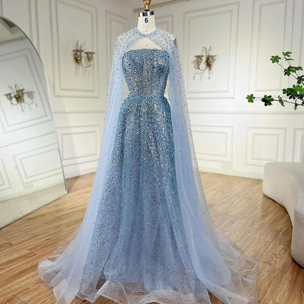 2024 Arabic Blue Luxury Dubai Evening Gown A Line Elegant Cape Sleev Larosabride