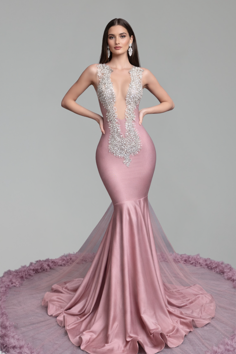 Embroidered Illusion Fuchsia Mermaid Gown - LAROSABRIDE
