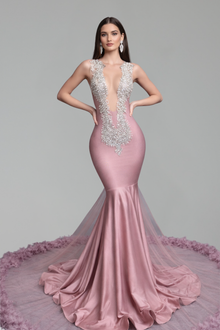 Embroidered Illusion Fuchsia Mermaid Gown - LAROSABRIDE