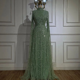 Ships in 2 to 5 Days - 2025 Muslim Nude Mermaid Cape Sleeves Luxury Dubai Evening Gown Pearls Beaded Dress for Women's Party