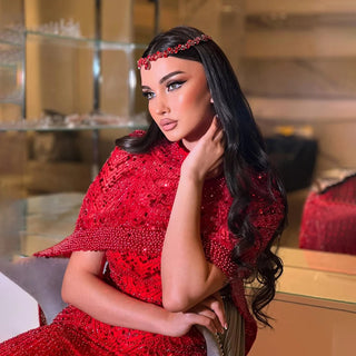 Ships in 2 to 5 Days - Luxury Nude Mermaid Evening Gown with Long Cape – Saudi Arabic Formal Dress