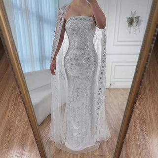 2025 Luxury White Beaded Mermaid Evening Gown with Long Cape – Dubai-Inspired Arabic Formal Dress