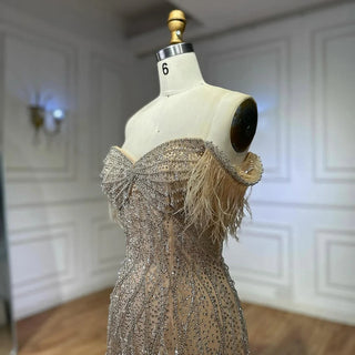 Ships in 2 to 5 Days -2025 Custom Nude Beaded Mermaid Evening Dress – Formal Gown with Feathered Details