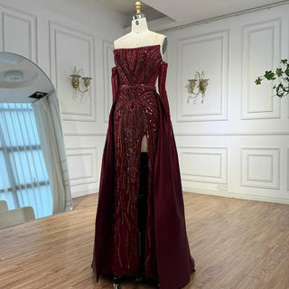 Ships in 2 to 5 Days - Luxury Wine Red Strapless Beaded Evening Gown with Overskirt & Matching Gloves