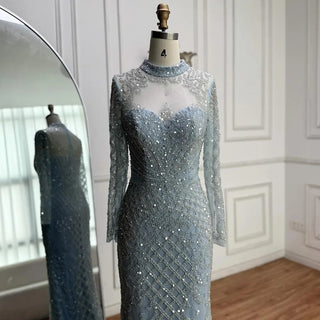 Ships in 2 to 5 Days - Luxury Caramel Beaded Evening Dress – High Neck Long Sleeve Mermaid Gown