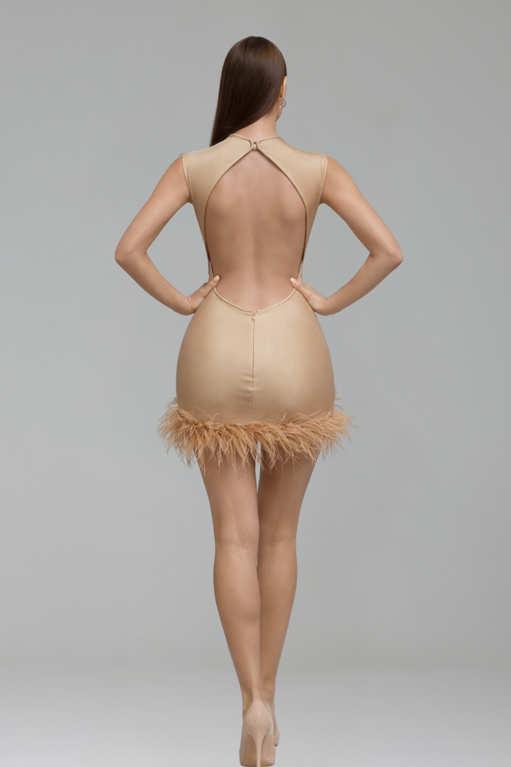 Sheer Nude Crystal Embroidered Mini Dress with Feather Trim - LAROSABRIDE
