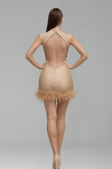 Sheer Nude Crystal Embroidered Mini Dress with Feather Trim - LAROSABRIDE