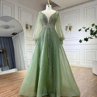 2025 Black Lantern Long Sleeves Evening Dress - Luxury Beaded A-Line Gown for Women’s Parties