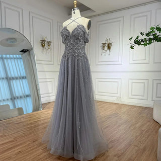 Ships in 2 to 5 Days - Luxury Customized Gray Beaded Arabic Off-Shoulder A-Line Evening Dress – 2025 Collection