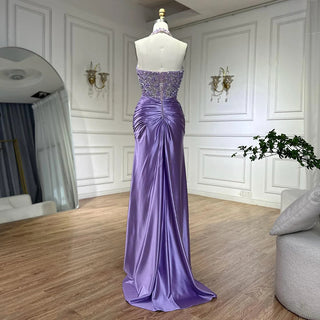 Ships in 2 to 5 Days - 2025 Arabic Lilac Halter Neck Side Slit Mermaid Luxury Dubai Evening Gown Beaded Dress for Women's Party