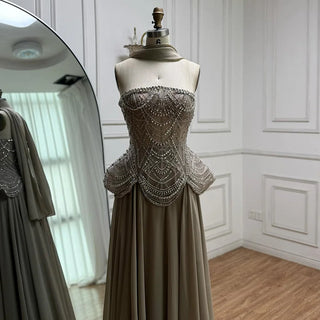 Ships in 2 to 5 Days -Luxury Designer Nude Beaded Chiffon Evening Gown for Women – Elegant Dress for Weddings & Formal Parties