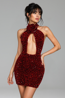 Rose Neck Cutout Sequin Mini Dress - LAROSABRIDE