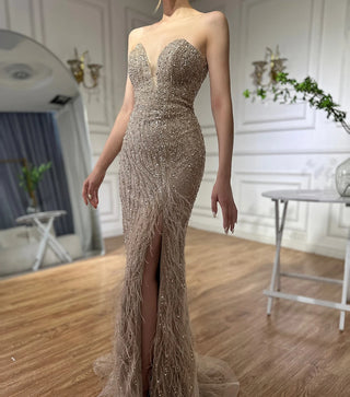 Ships in 2 to 5 Days - 2025 Arabic Strapless Blue Beaded Feathers Luxury Dubai Evening Gowns with Side Skirt for Women's Party