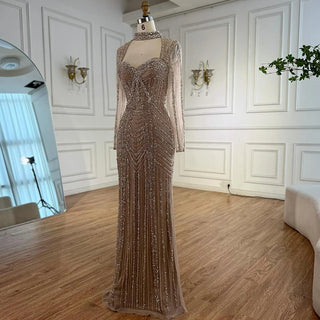 Ships in 2 to 5 Days - 2025 Caramel Beaded Mermaid Evening Gown – Long Sleeve Formal Dress for Weddings & Parties