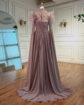 Ships in 2 to 5 Days - Feather-Trimmed High Neck Beaded A-Line Evening Gown with Sheer Cape Sleeves