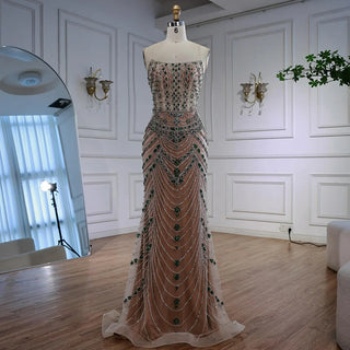 Ships in 2 to 5 Days -2025 Custom Green Saudi-Inspired Evening Dress – Strapless Beaded Formal Gown