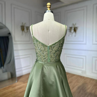 Ships in 2 to 5 Days - Sage Green Beaded Evening Gown – Elegant Dress with Detachable Overskirt for Parties