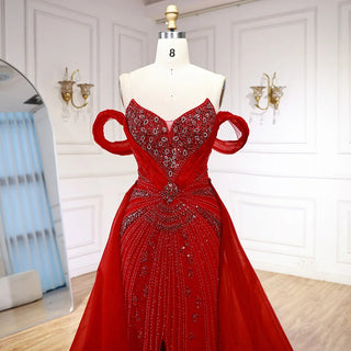 Ships in 2 to 5 Days - Luxury Red Beaded Mermaid Evening Dress – Gown with Overskirt and Thigh-High Slit