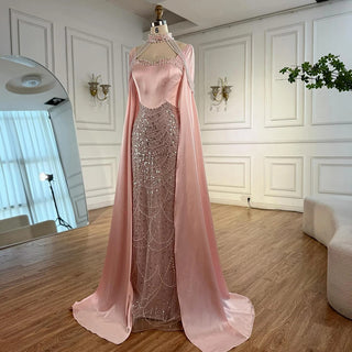 Luxury Arabic Pearl Beaded Mermaid Evening Dress with Cape