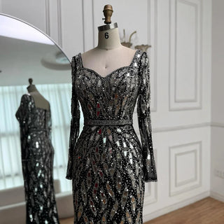 Luxury Black & Silver Sequin‑Embellished Mermaid Evening Gown – Long‑Sleeve 2025 Edition