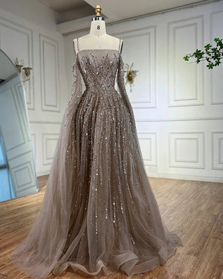 Ships in 2 to 5 Days - Luxury Saudi A-Line Evening Dress with Long Sleeves and Flowing Cape