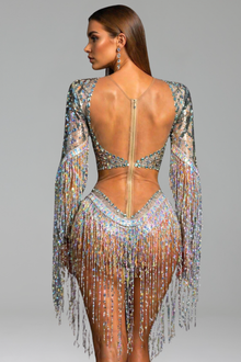 Beaded Fringe Illusion Cutout Bodysuit - LAROSABRIDE