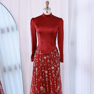 Ships in 2 to 5 Days -Elegant Sage Green Muslim Evening Dress – Modest Gown with Beaded Skirt for Wedding Parties