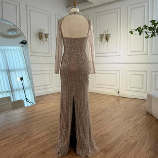 Ships in 2 to 5 Days - 2025 Caramel Beaded Mermaid Evening Gown – Long Sleeve Formal Dress for Weddings & Parties