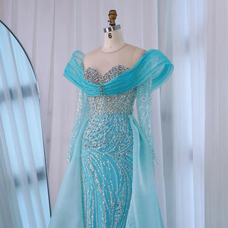 Ships in 2 to 5 Days - Luxury White Nude Beaded Mermaid Evening Dress – Saudi-Inspired Formal Gown with Overskirt