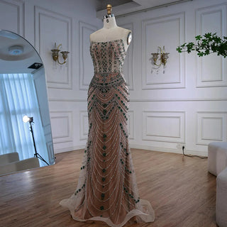 Ships in 2 to 5 Days -2025 Custom Green Saudi-Inspired Evening Dress – Strapless Beaded Formal Gown