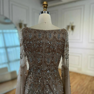 Ships in 2 to 5 Days - Luxury Caramel Saudi-Inspired Evening Dress – Elegant Gown with Long Sleeves and Flowing Cape