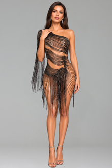 One Shoulder Crystal Fringe Mini Dress - LAROSABRIDE