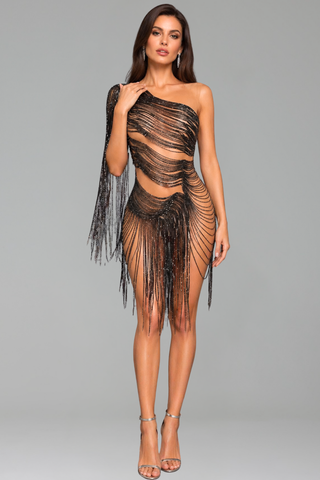 One Shoulder Crystal Fringe Mini Dress