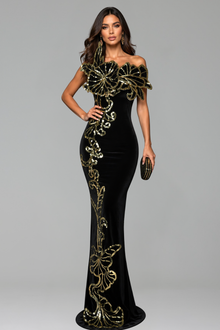 Off-Shoulder Gold Embroidered Gown - LAROSABRIDE