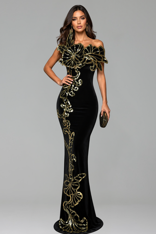 Off-Shoulder Gold Embroidered Gown - LAROSABRIDE