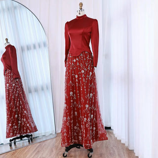 Ships in 2 to 5 Days -Elegant Sage Green Muslim Evening Dress – Modest Gown with Beaded Skirt for Wedding Parties