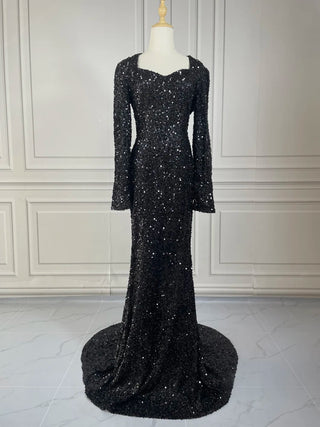 Ships in 2 to 5 Days – Stretch Sequined Maxi Dress - Full Sleeve V-Neck Mermaid Evening Gown for Parties in Grey, Black, and Burgundy