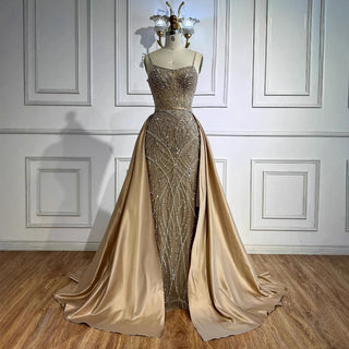 Ships in 2 to 5 Days - Sage Green Beaded Evening Gown – Elegant Dress with Detachable Overskirt for Parties
