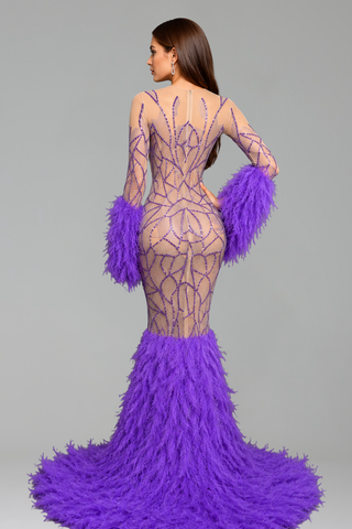 Feather Cuff Mermaid Evening Gown