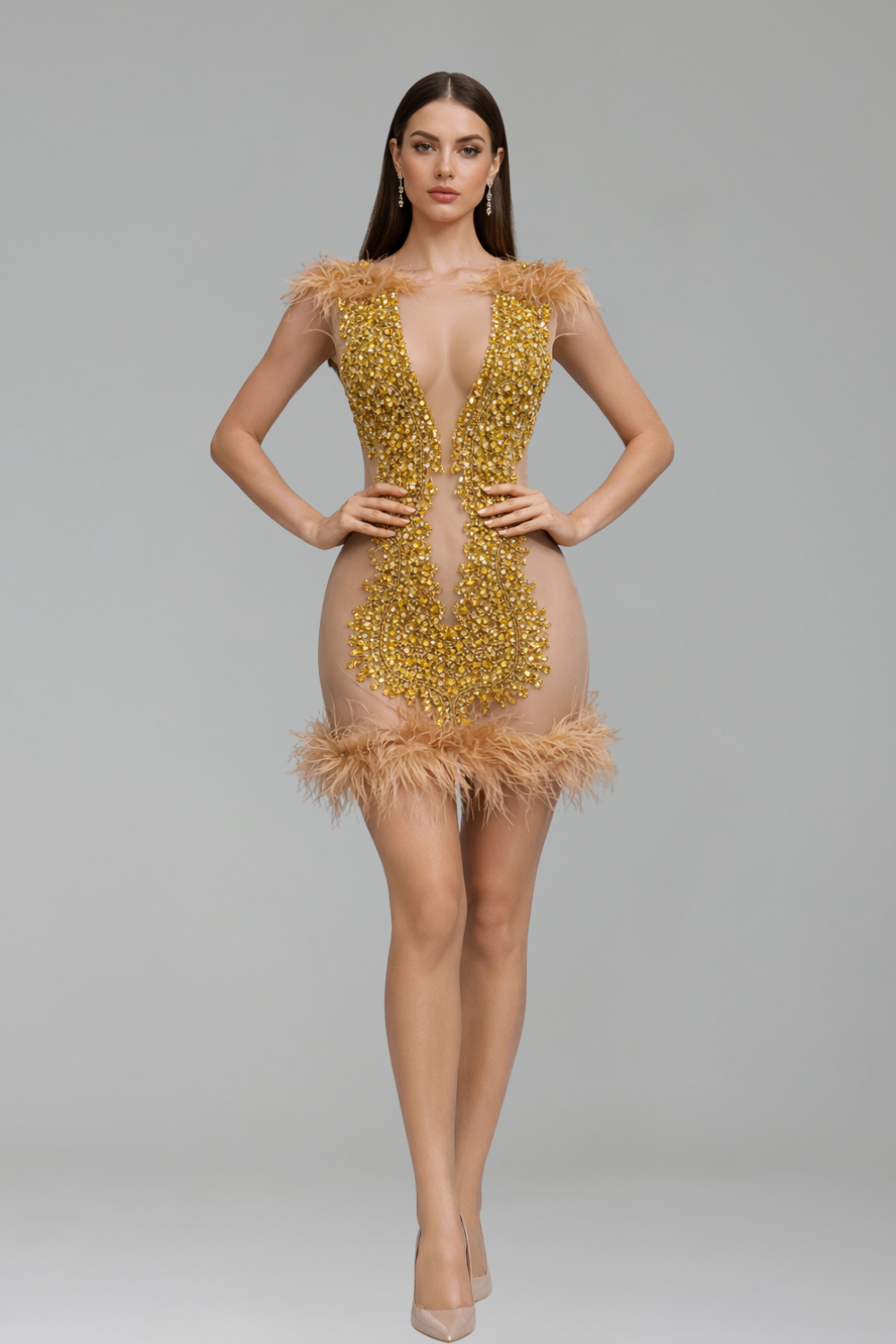 Sheer Nude Crystal Embroidered Mini Dress with Feather Trim - LAROSABRIDE
