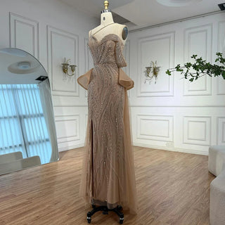 Ships in 2 to 5 Days -2025 Custom Caramel Beaded Mermaid Evening Dress – Formal Gown with Overskirt and Elegant Split