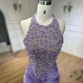 Ships in 2 to 5 Days - 2025 Arabic Lilac Halter Neck Side Slit Mermaid Luxury Dubai Evening Gown Beaded Dress for Women's Party