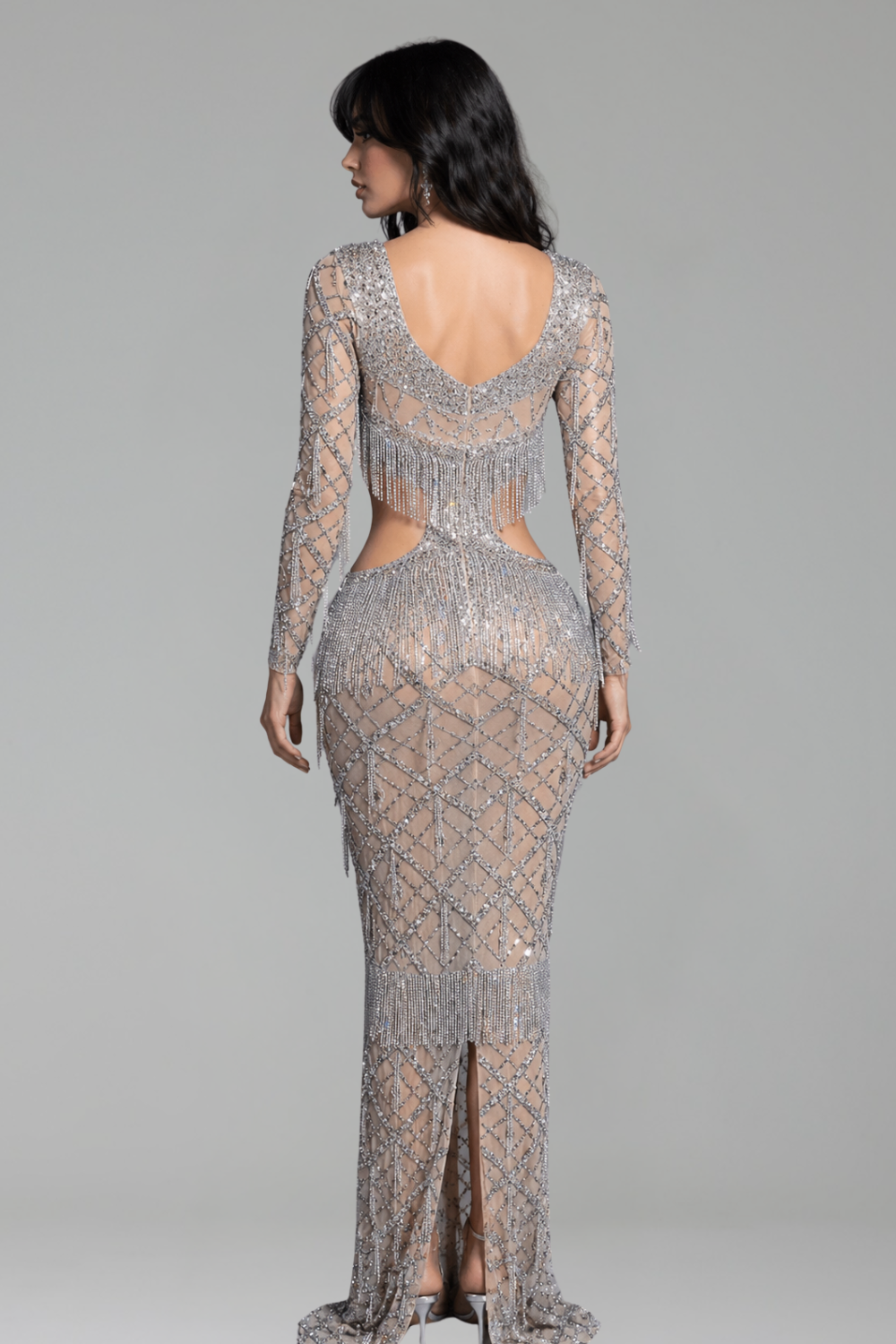 Crystal Fringe Cutout Mesh Gown - LAROSABRIDE