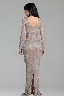 Crystal Fringe Cutout Mesh Gown - LAROSABRIDE