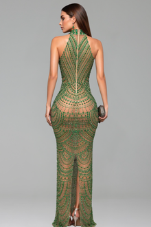 High Neck Beaded Illusion Evening Gown - LAROSABRIDE