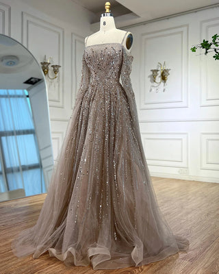 Ships in 2 to 5 Days - Luxury Saudi A-Line Evening Dress with Long Sleeves and Flowing Cape